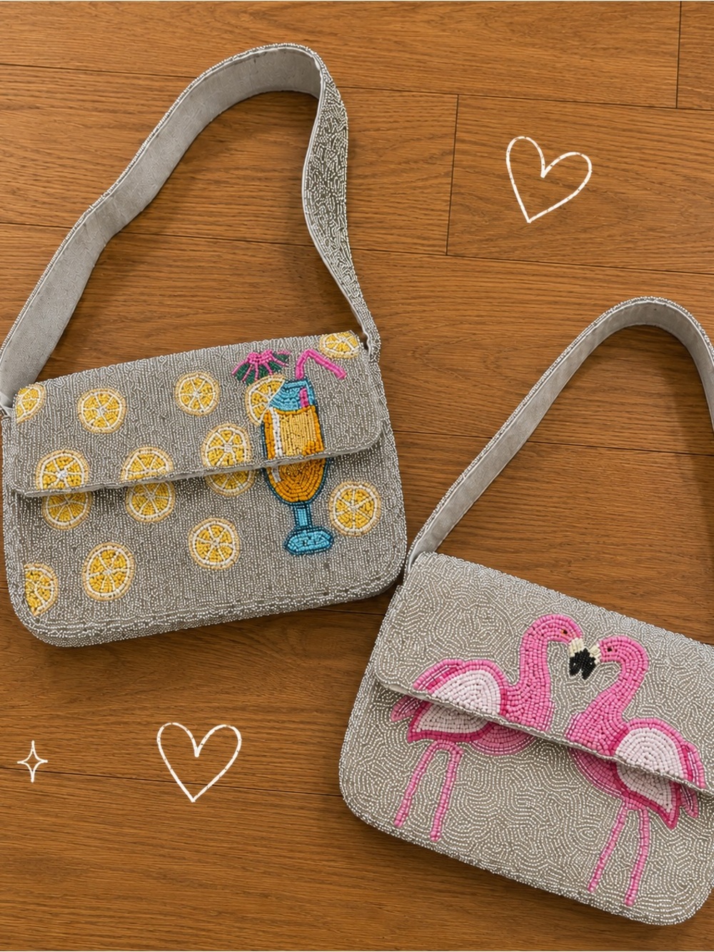 Beaded Flamingo & Lemon Crossbody Bag - Gray